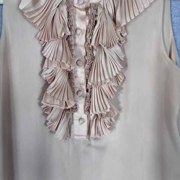 Forever 21 Blouse Medium Tan Satin Ruffle Tuxedo Bib Neutral Siren Quiet Glam - Picture 5 of 13